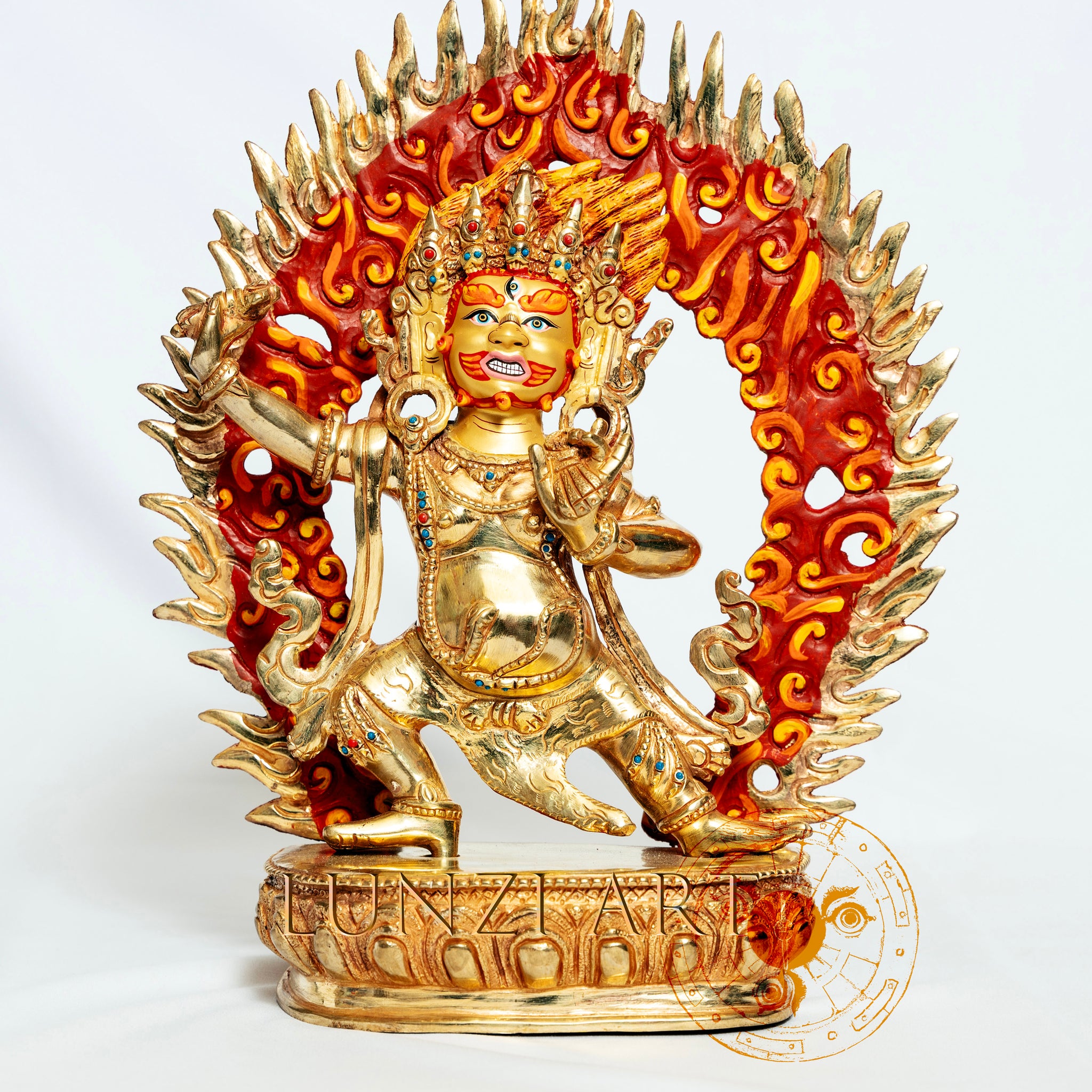 Full Gold-Plated Brass Standing Statue of Vajrapani painted with flame background - statues