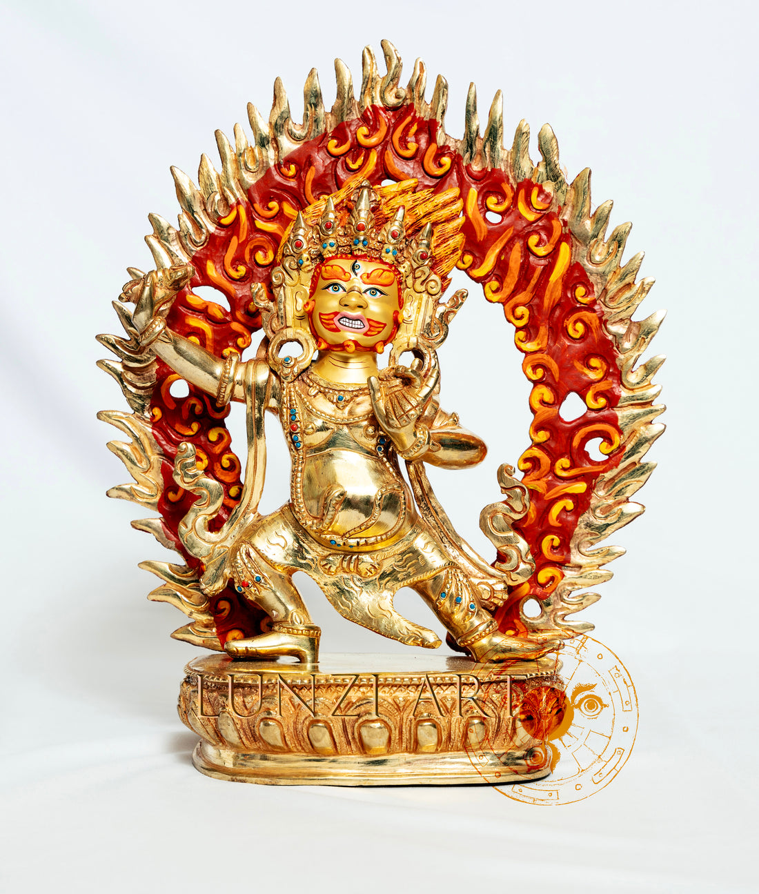 Full Gold-Plated Brass Standing Statue of Vajrapani painted with flame background - statues