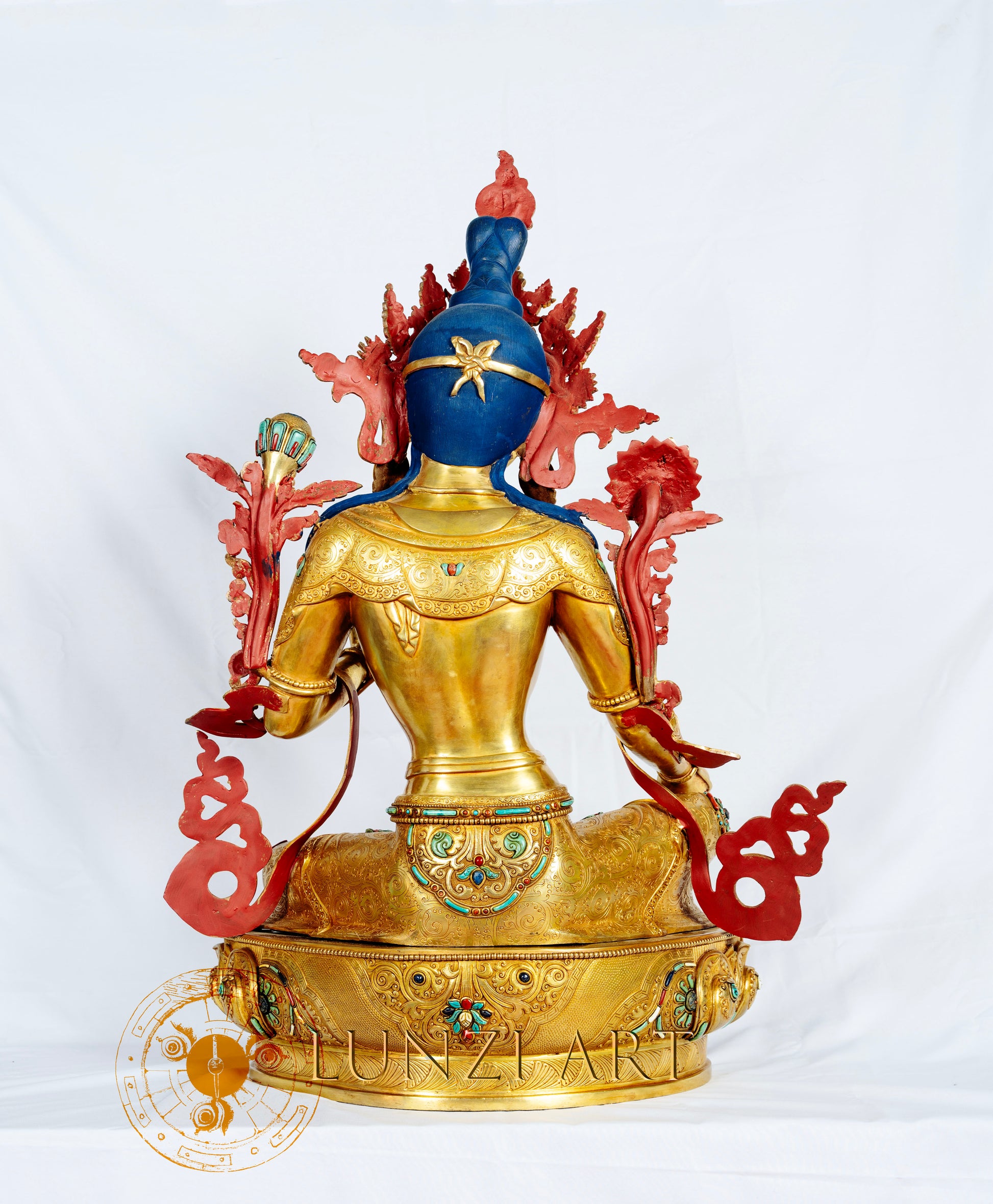 Full Gold-Plated Copper and Gold powder Painted "Seated Green Tara" - statues