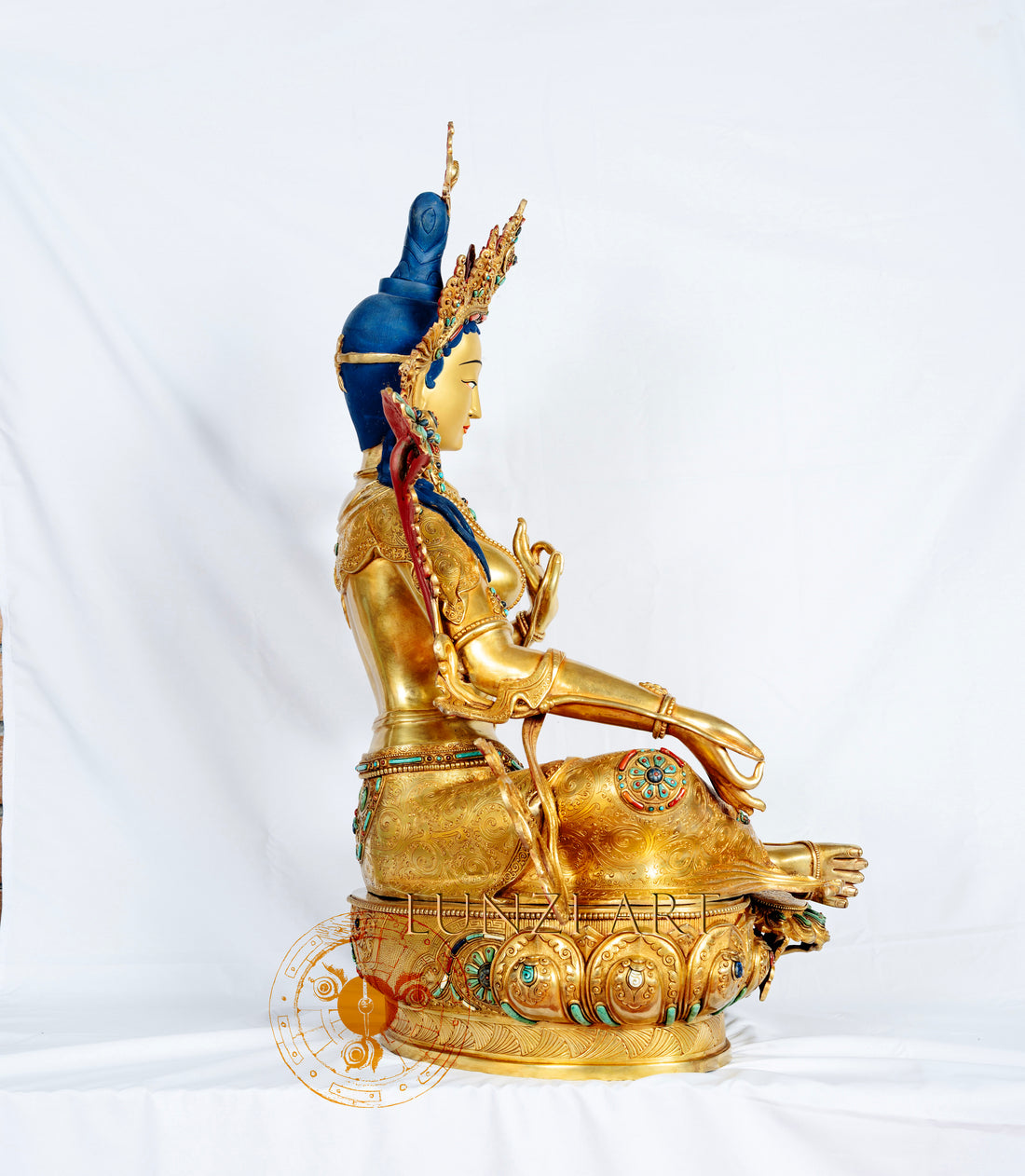 Full Gold-Plated Copper and Gold powder Painted "Seated Green Tara" - statues