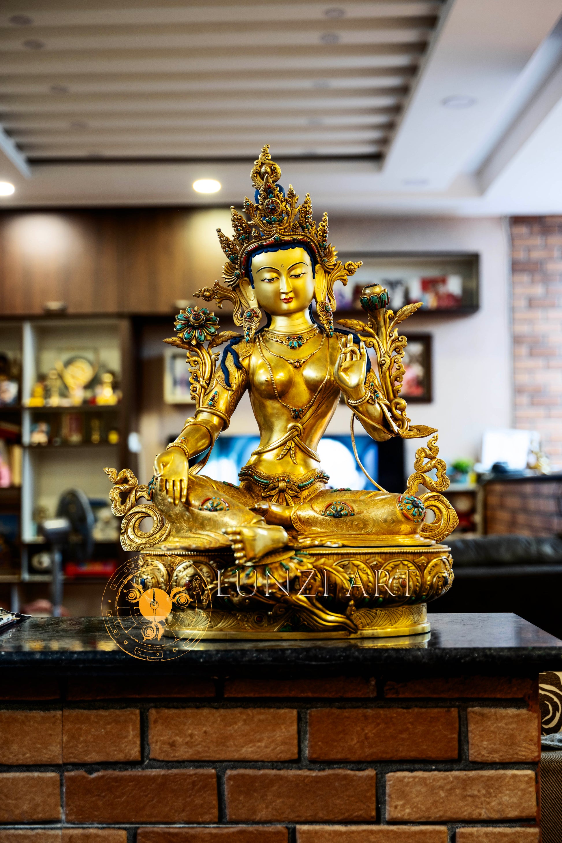 Full Gold-Plated Copper and Gold powder Painted "Seated Green Tara" - statues