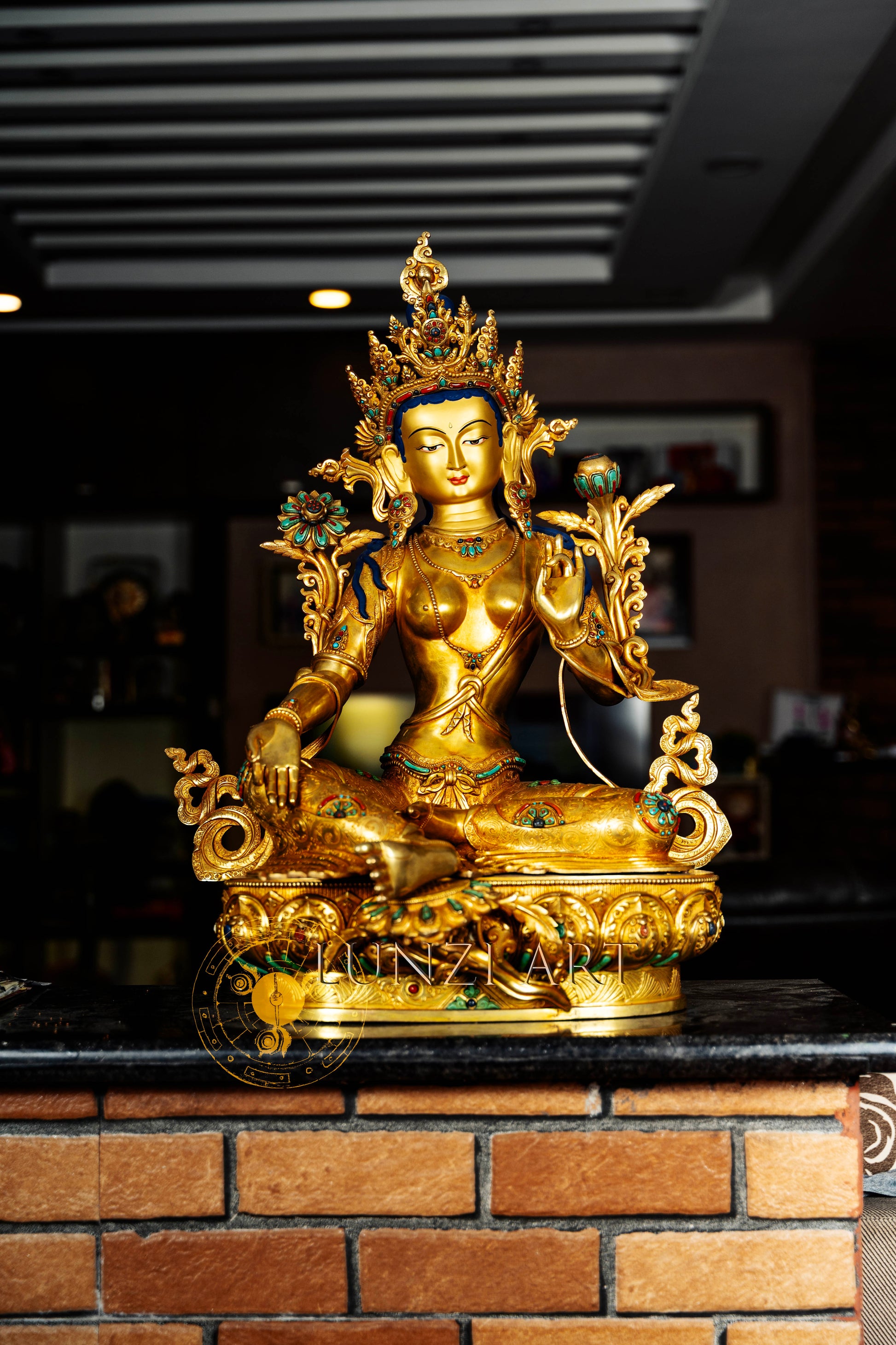 Full Gold-Plated Copper and Gold powder Painted "Seated Green Tara" - statues