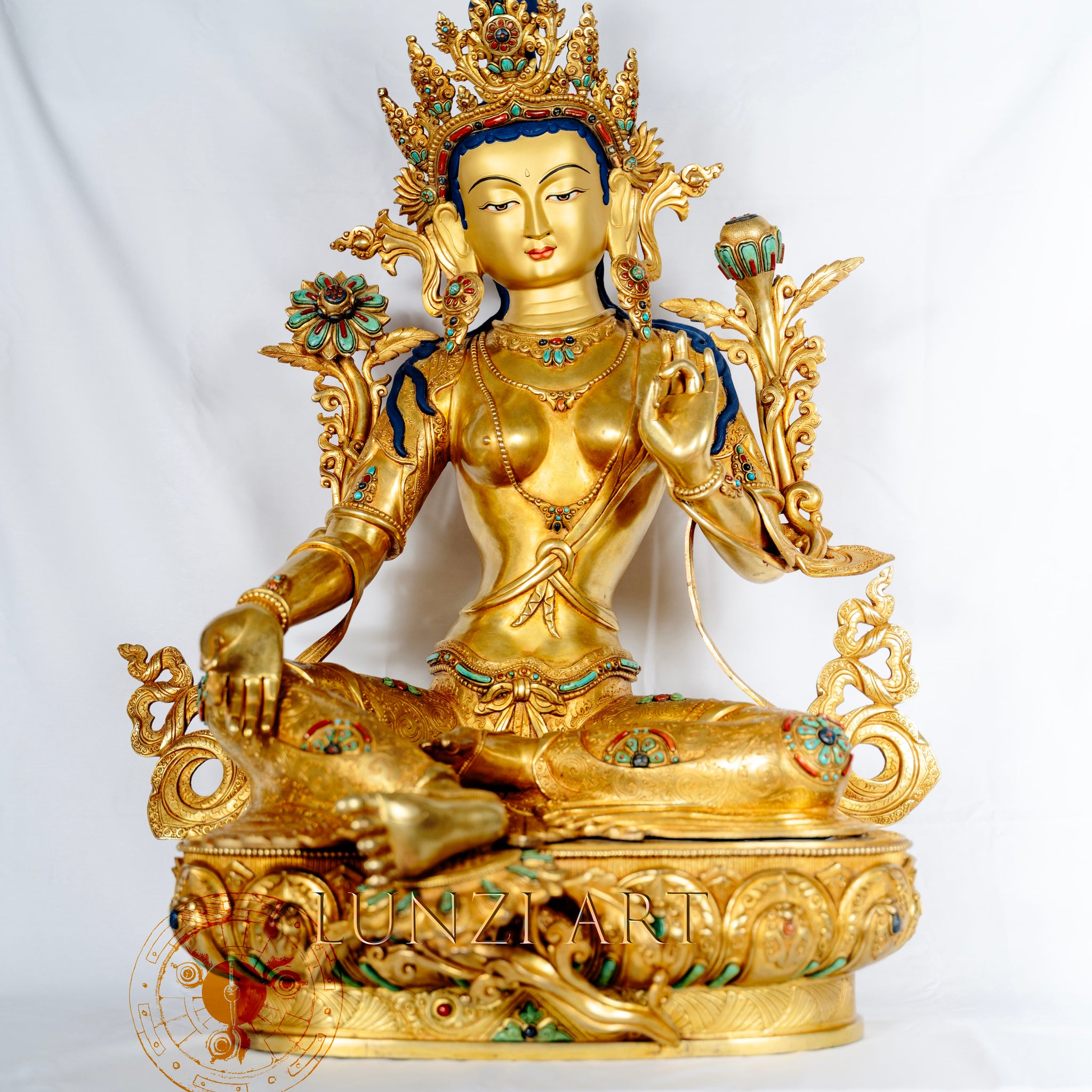Full Gold-Plated Copper and Gold powder Painted "Seated Green Tara" - statues