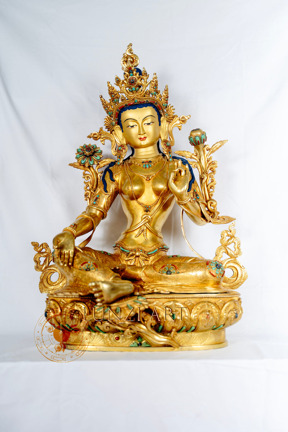 Full Gold-Plated Copper and Gold powder Painted "Seated Green Tara" - statues