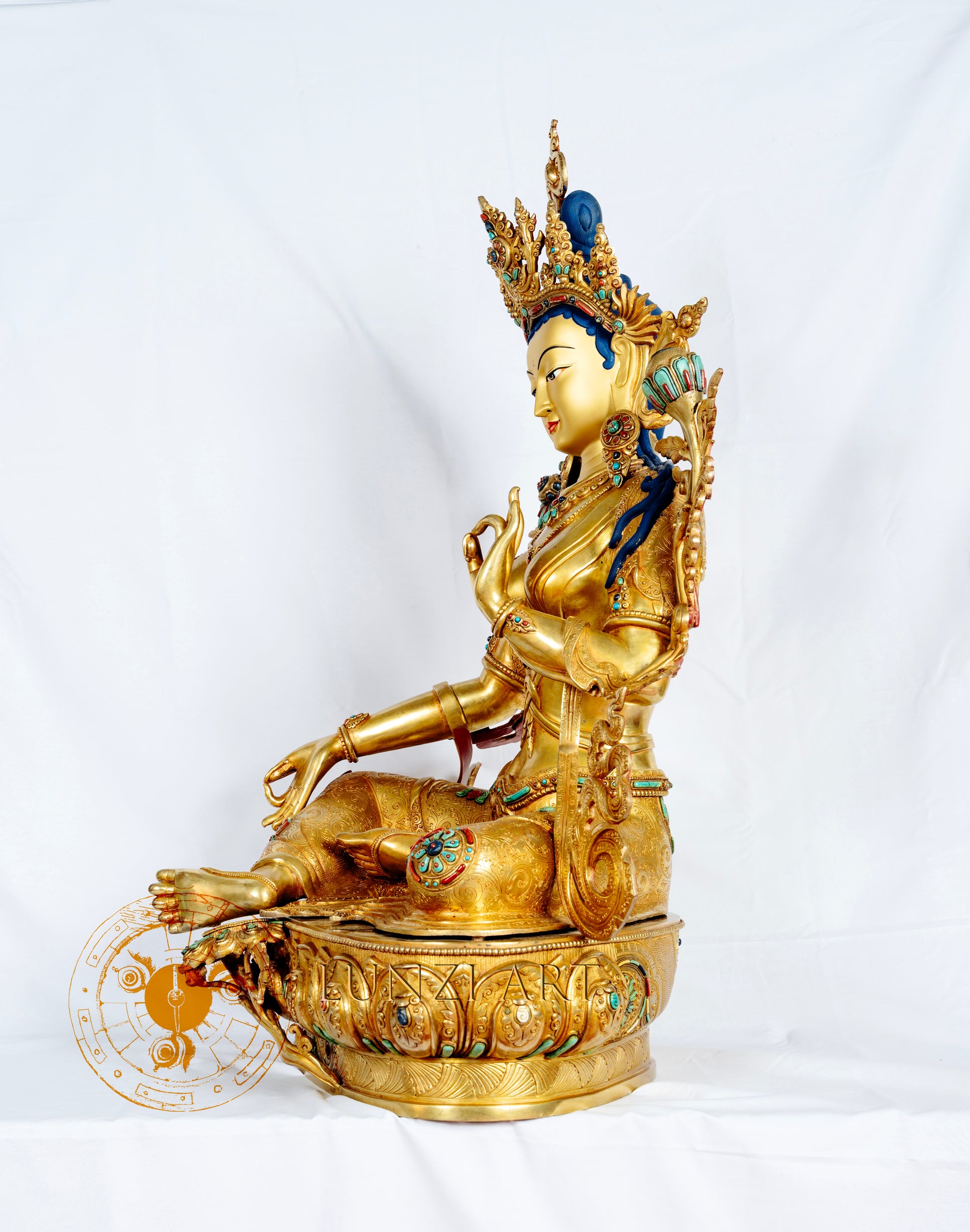 Full Gold-Plated Copper and Gold powder Painted "Seated Green Tara" - statues