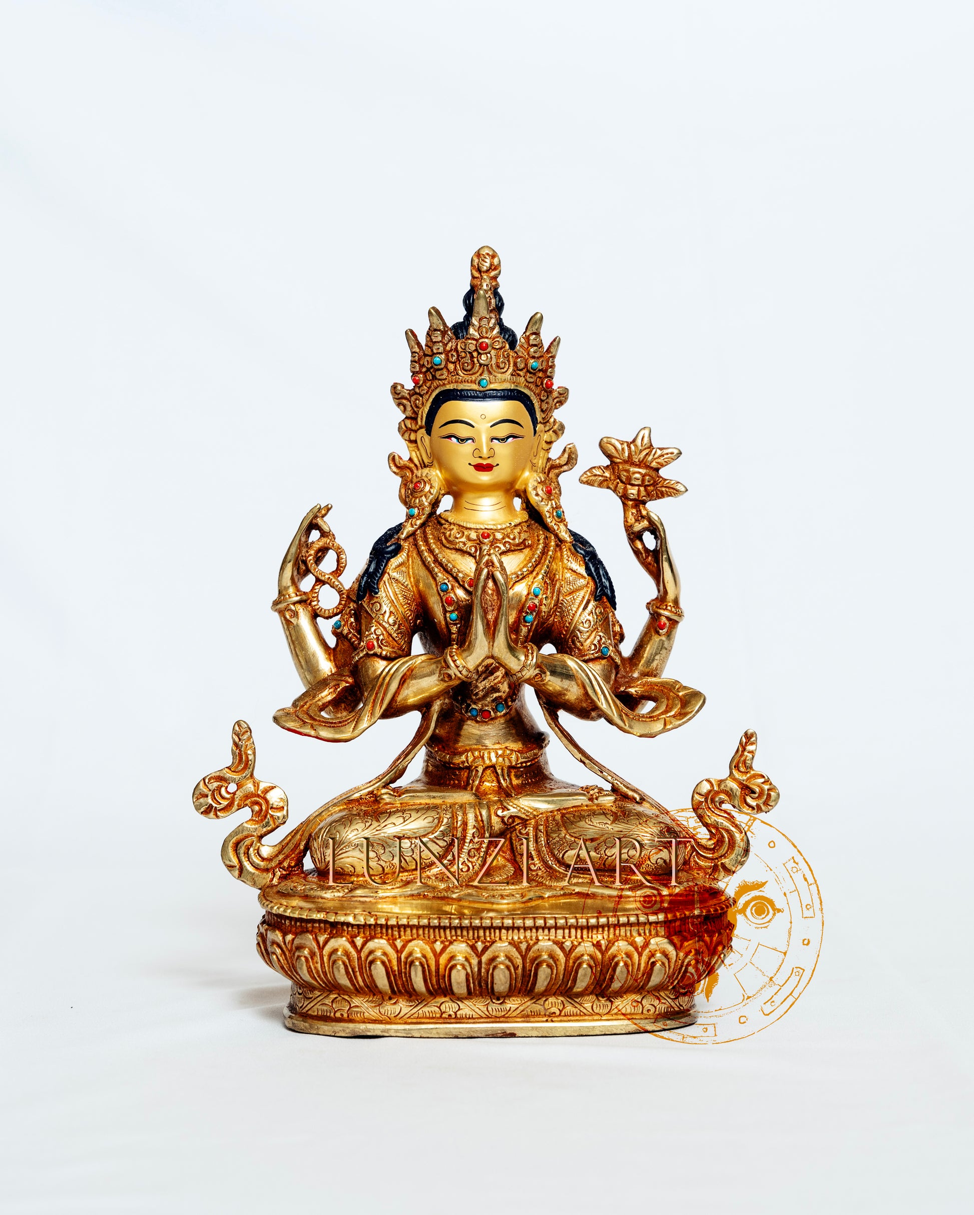 Full Gold plated "Four-armed Seated Chenrezig" - statues