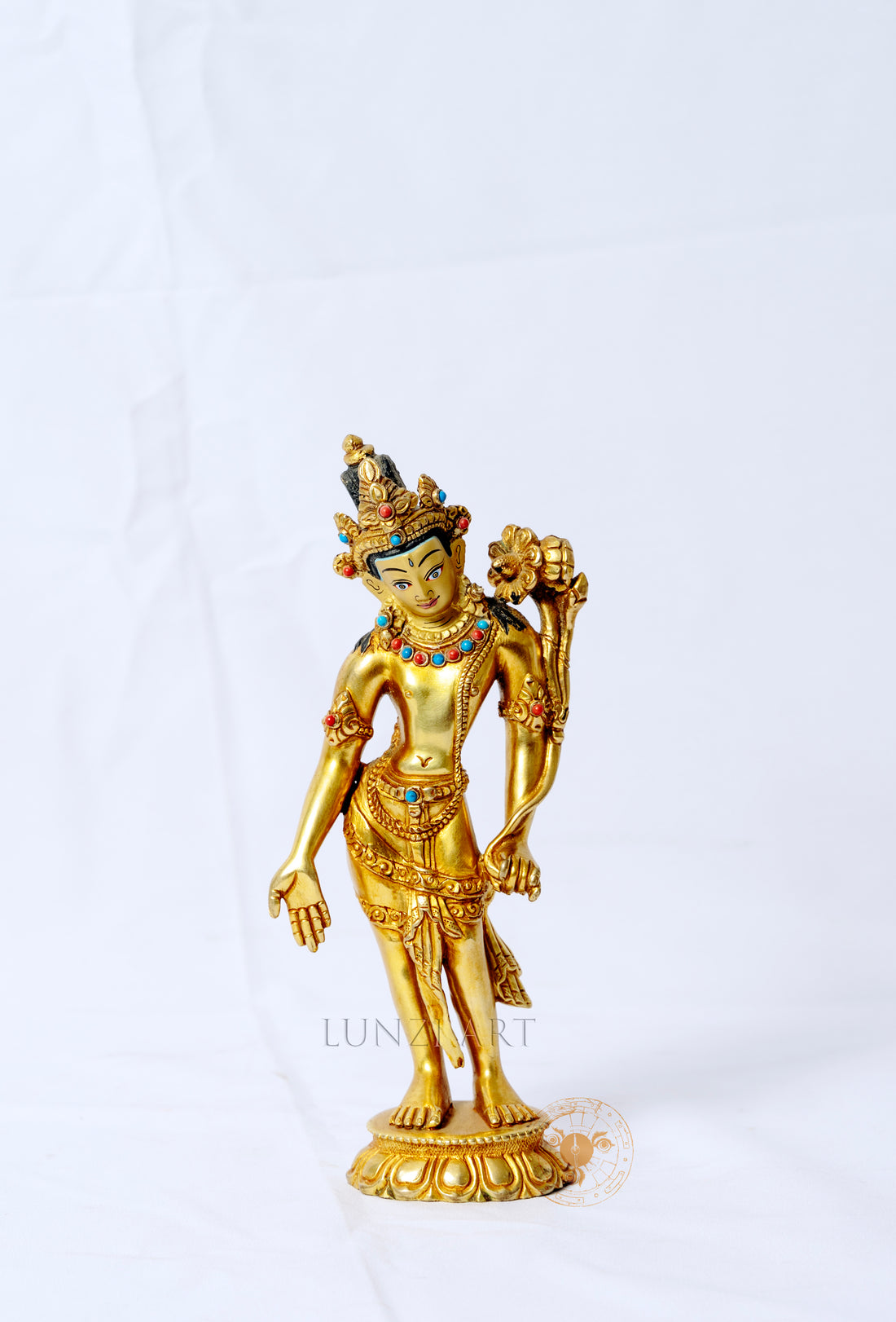 Gilded copper statue of Padmapani Lokeshwor holding a lotus - statues