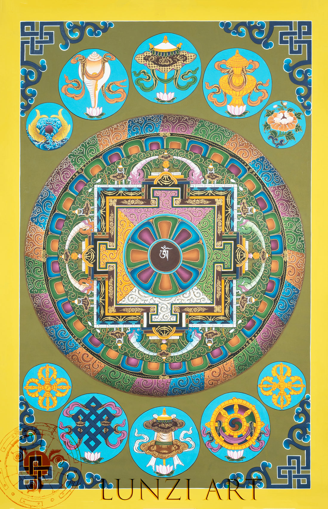 Hand Painted Mandala Thangka of the Eight Auspicious Symbols – Gateway to Blessings and Inner Harmony - Thangka