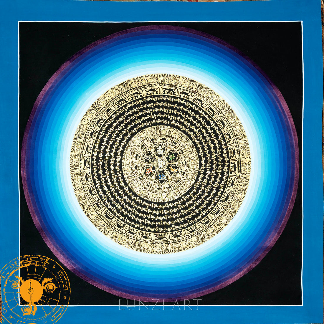 Hand Painted Mantra Mandala Thangka “Blue Black and Gold colour Mandala” - Thangka