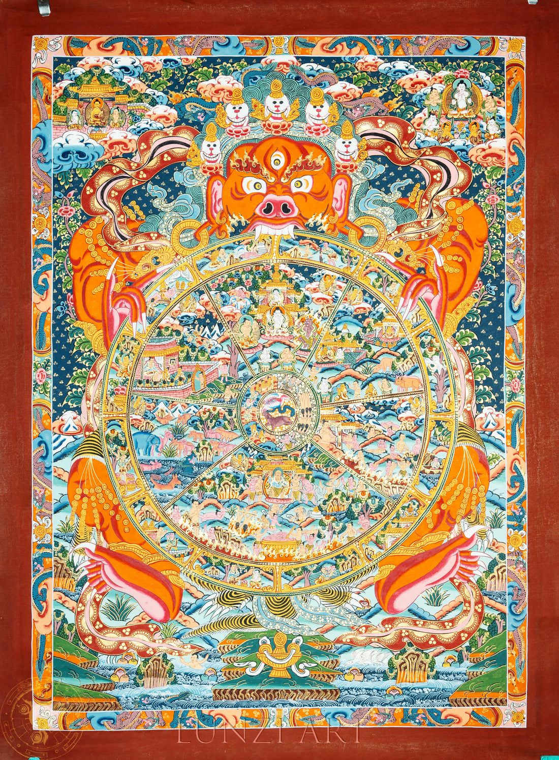 Hand-painted Wheel of Life thangka "Sacred Map of Reincarnation" - Thangka