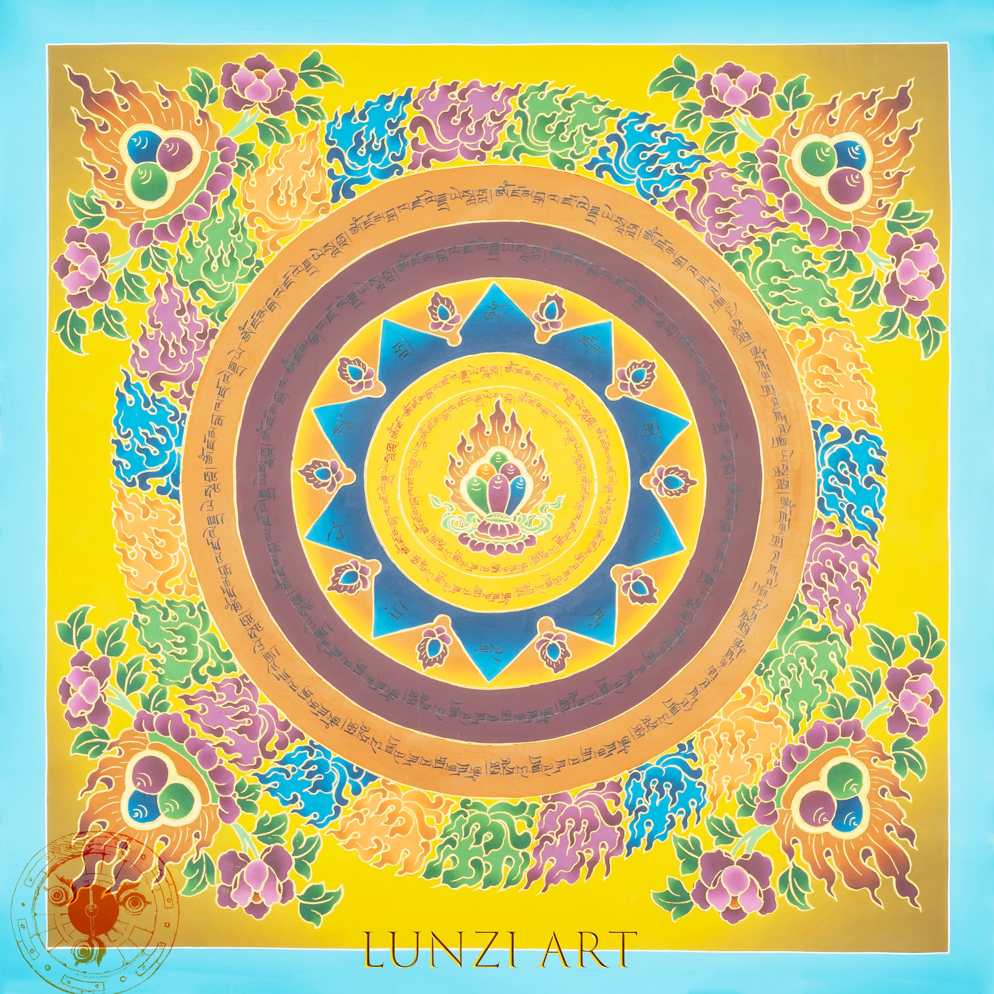 HandPainted Lotus Fire Mandala Thangka of the Three Jewels “Radiance of Enlightened Essence" - Thangka