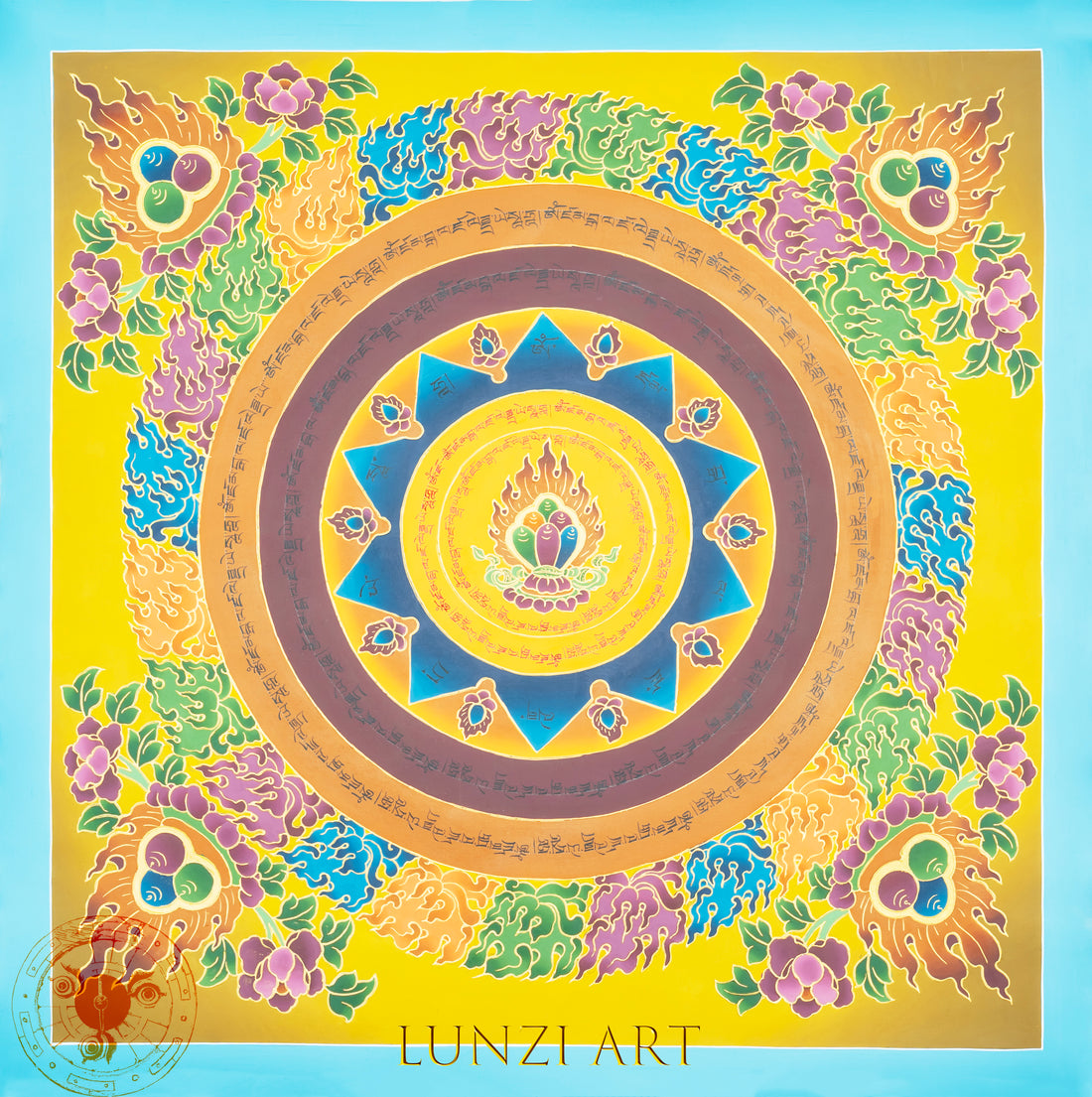 HandPainted Lotus Fire Mandala Thangka of the Three Jewels “Radiance of Enlightened Essence" - Thangka