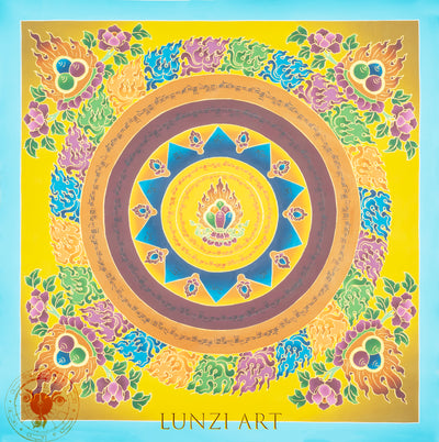 HandPainted Lotus Fire Mandala Thangka of the Three Jewels “Radiance of Enlightened Essence" - Thangka