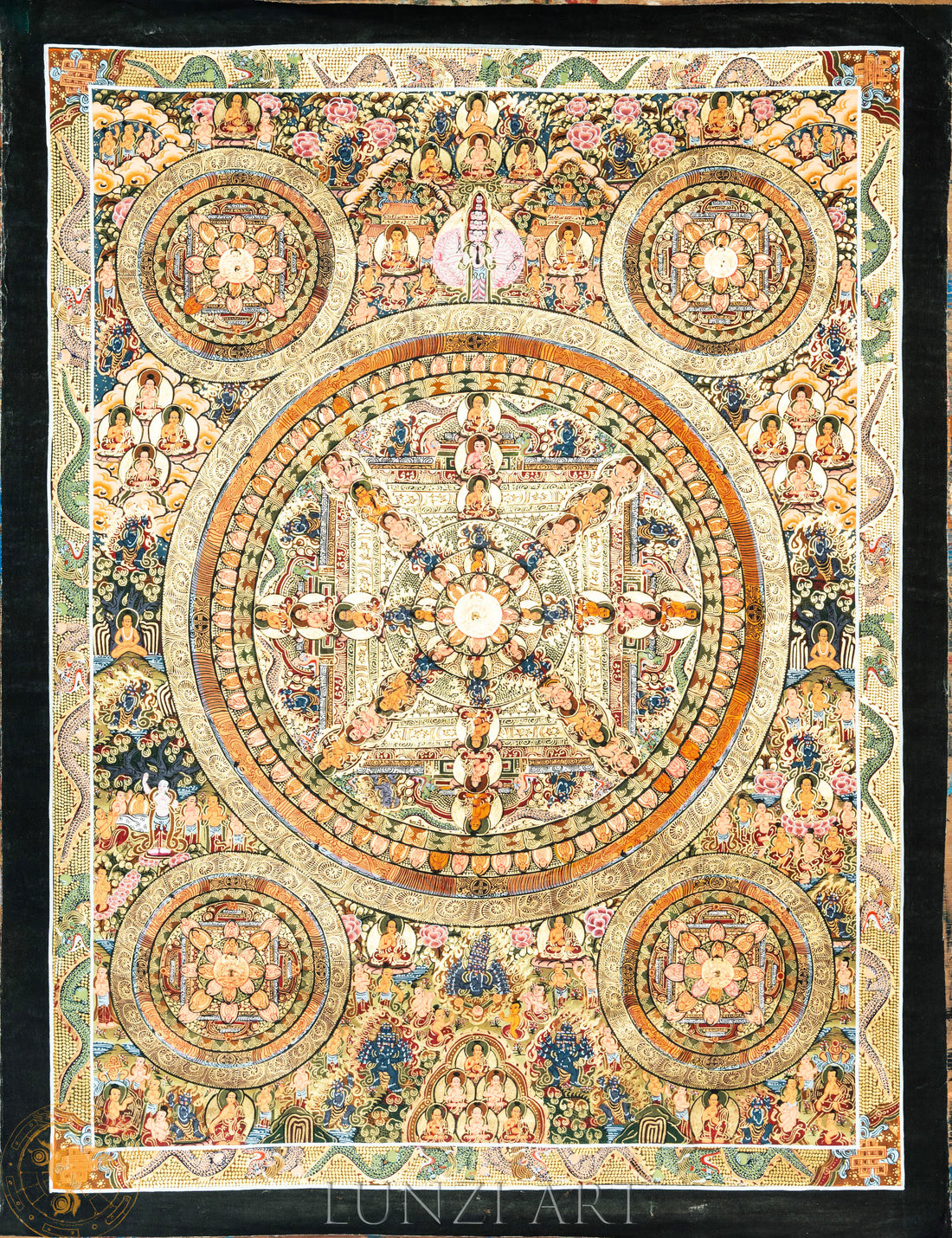 Handmade Traditional Mandala Thangka of Infinite Buddhas: The Sacred Wheel of Awakening - Thangka