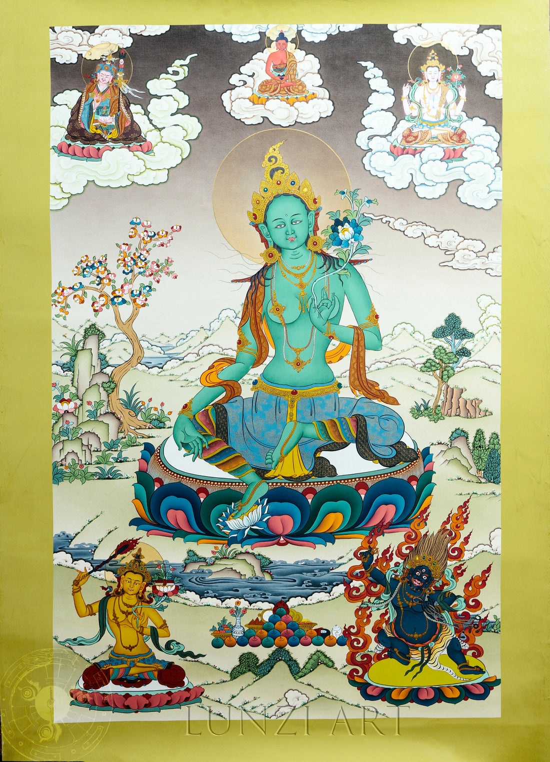 High level hand drawn masterpiece "Green Tara Thangka" Tibetan female Bodhisattva statue - 