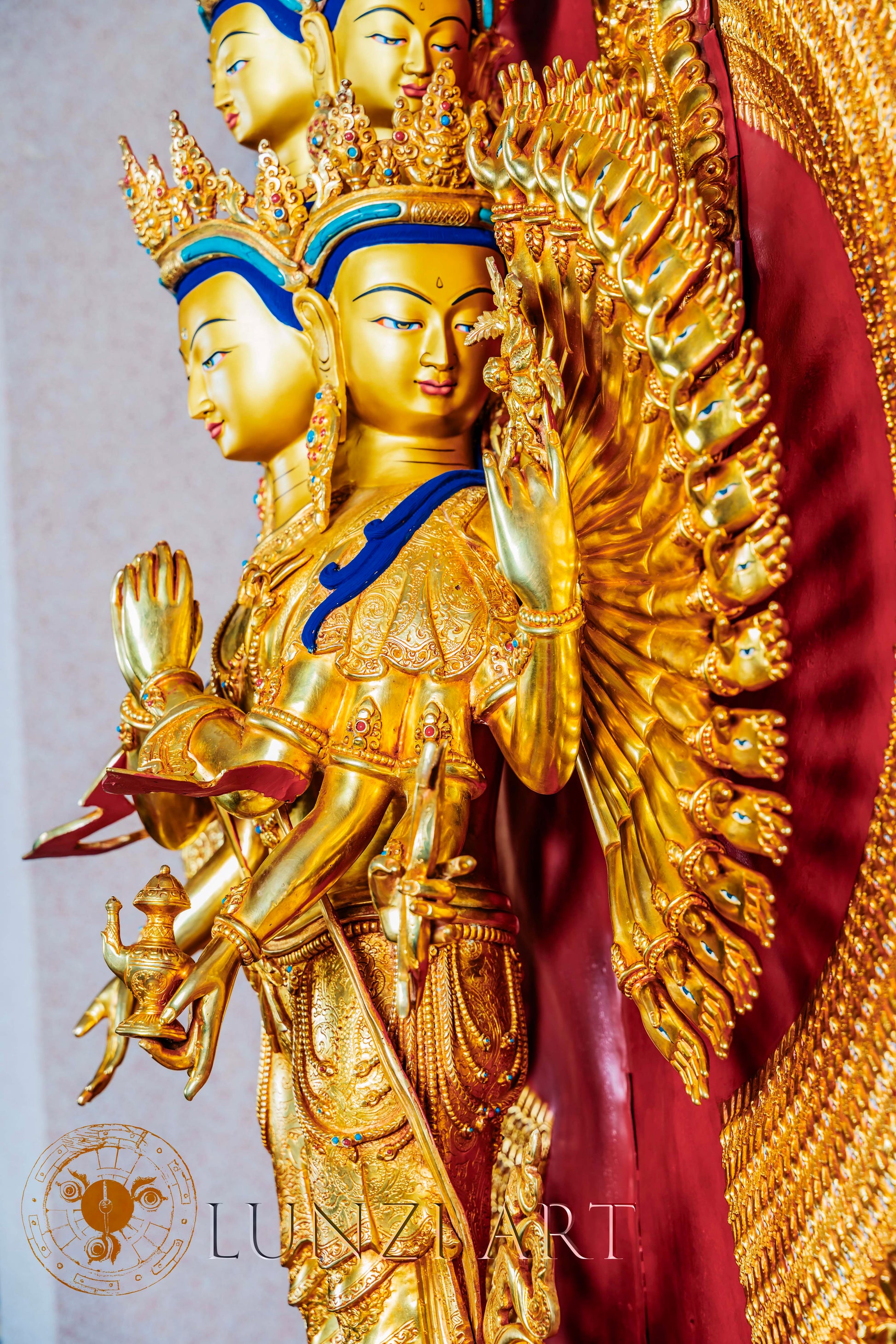 Large Gold Plated Multi-Faced Thousand-Armed Avalokiteshvara Standing Statue in Refined Gilded Copper — A Masterful Creation by a Nationally Certified Artisan - statues