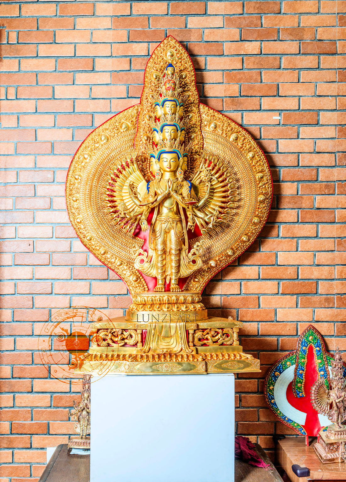 Large Gold Plated Multi-Faced Thousand-Armed Avalokiteshvara Standing Statue in Refined Gilded Copper — A Masterful Creation by a Nationally Certified Artisan - statues