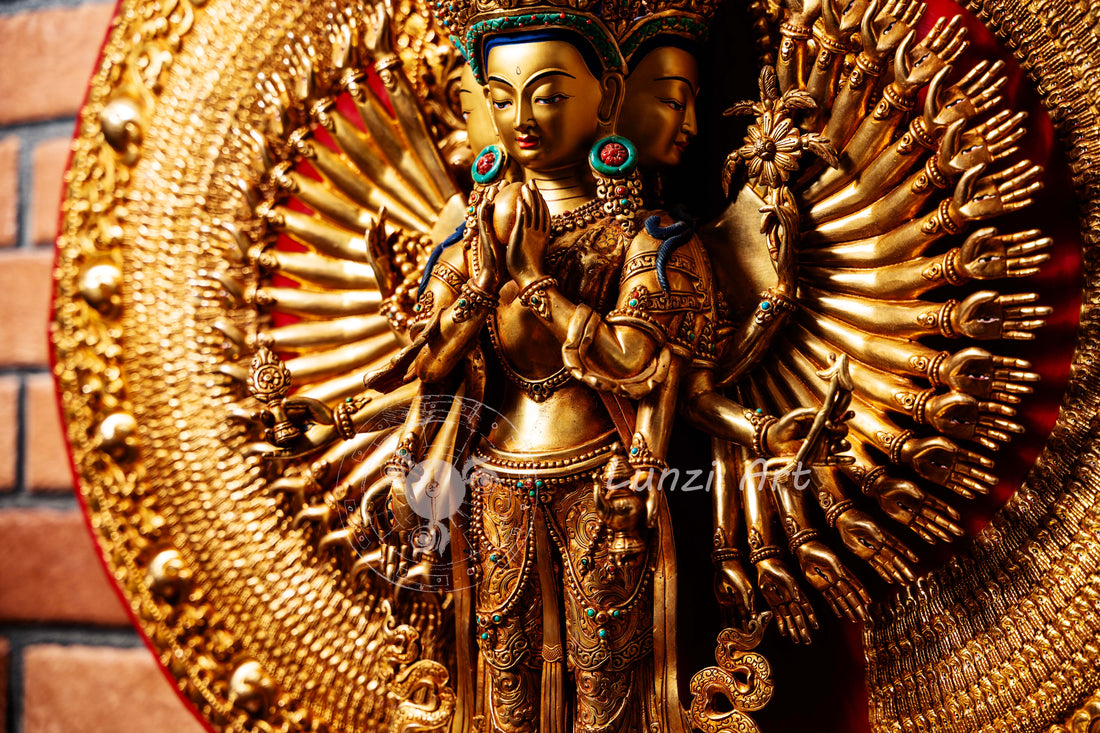 Large Gold Plated refined standing statue of the Thousand-Armed, Multi-Faced Avalokiteshwor, meticulously crafted by a nationally certified master - statues