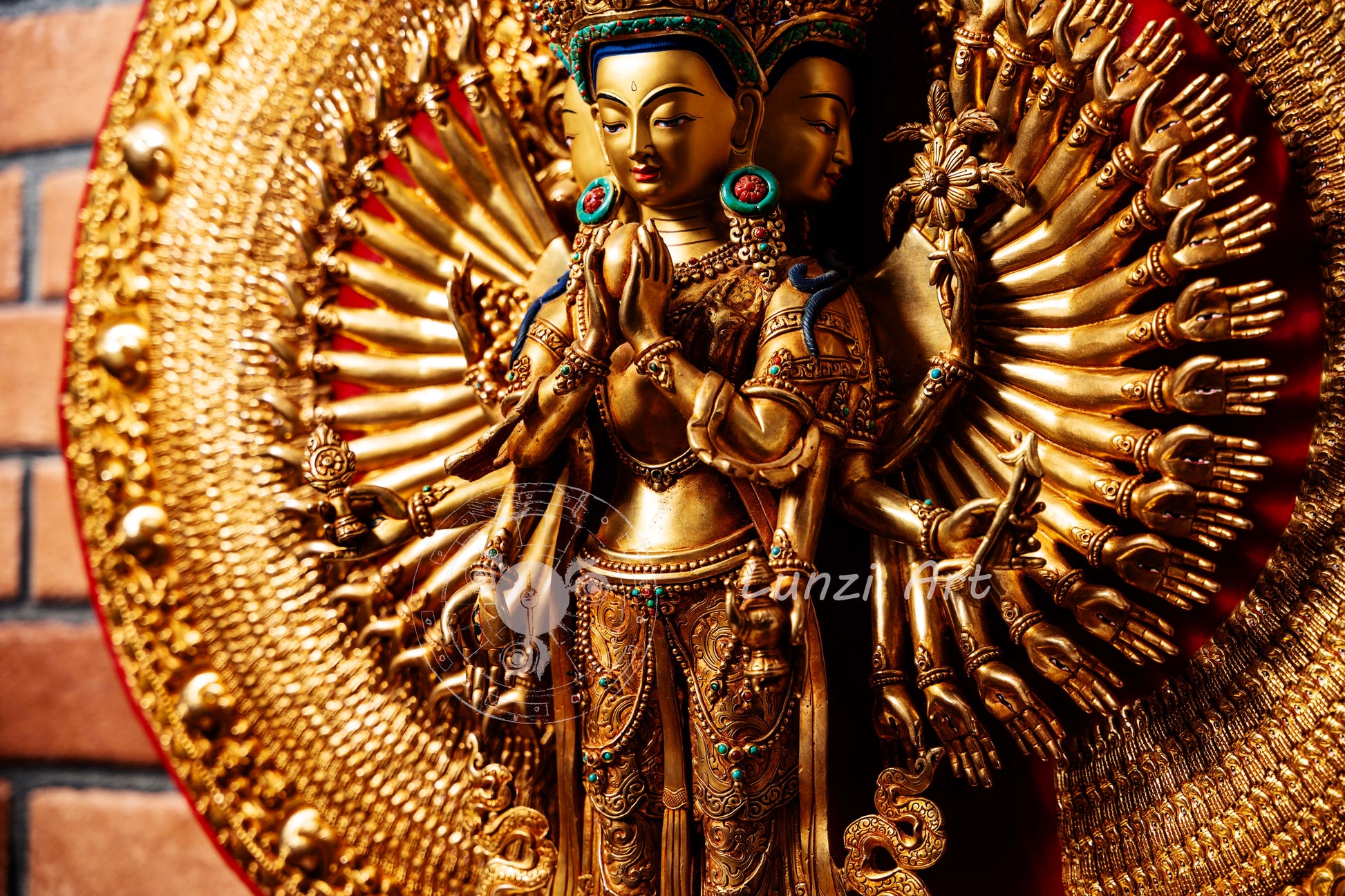 Large Gold Plated refined standing statue of the Thousand-Armed, Multi-Faced Avalokiteshwor, meticulously crafted by a nationally certified master - statues