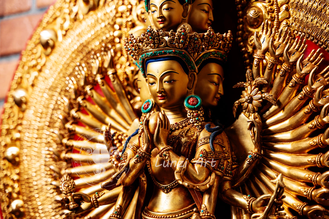 Large Gold Plated refined standing statue of the Thousand-Armed, Multi-Faced Avalokiteshwor, meticulously crafted by a nationally certified master - statues