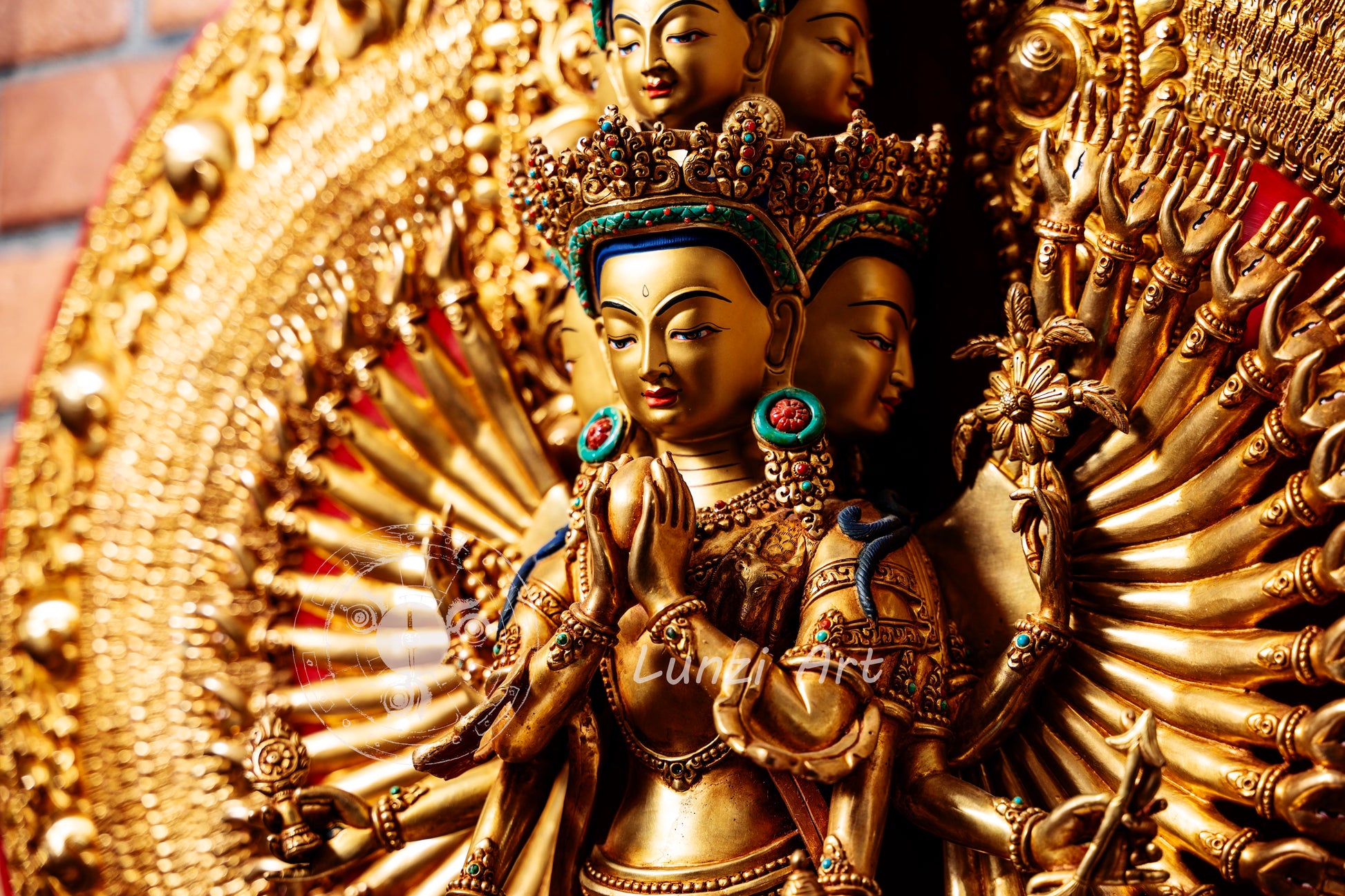 Large Gold Plated refined standing statue of the Thousand-Armed, Multi-Faced Avalokiteshwor, meticulously crafted by a nationally certified master - statues