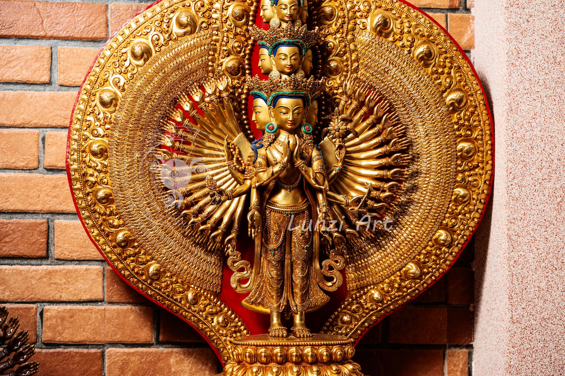 Large Gold Plated refined standing statue of the Thousand-Armed, Multi-Faced Avalokiteshwor, meticulously crafted by a nationally certified master - statues
