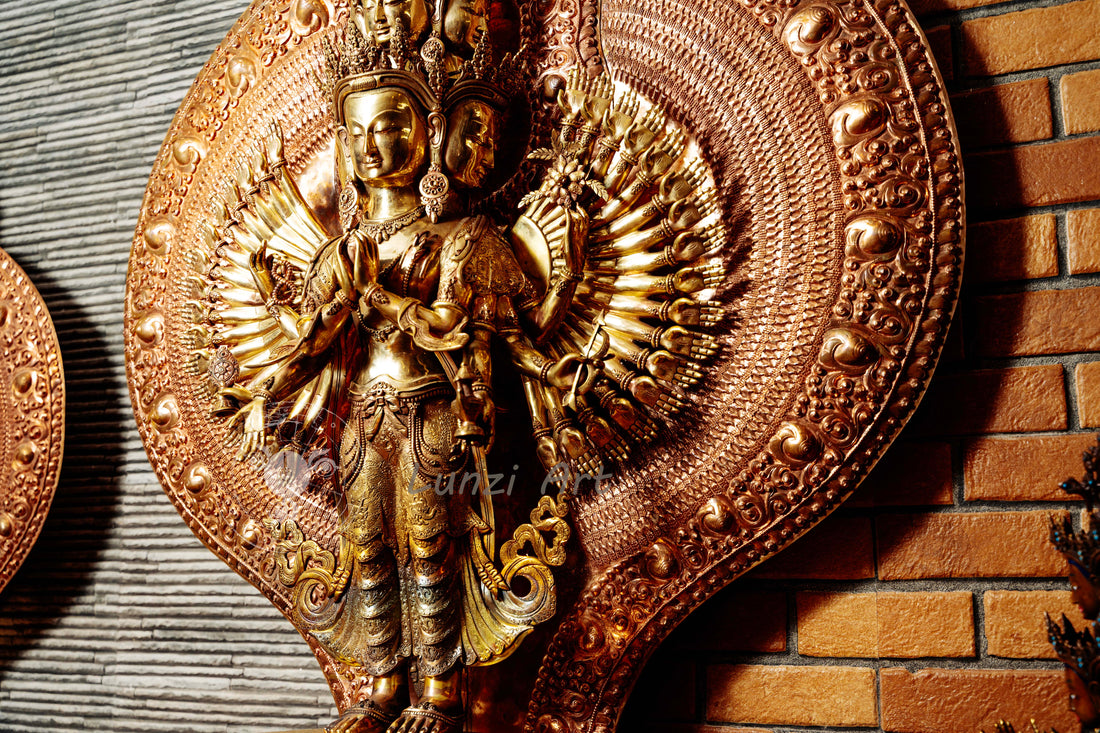 Large refined copper standing statue of the Thousand-Armed, Multi-Faced Avalokiteshwor, meticulously crafted by a nationally certified master - statues
