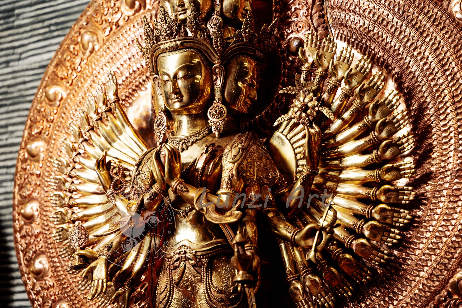 Large refined copper standing statue of the Thousand-Armed, Multi-Faced Avalokiteshwor, meticulously crafted by a nationally certified master - statues