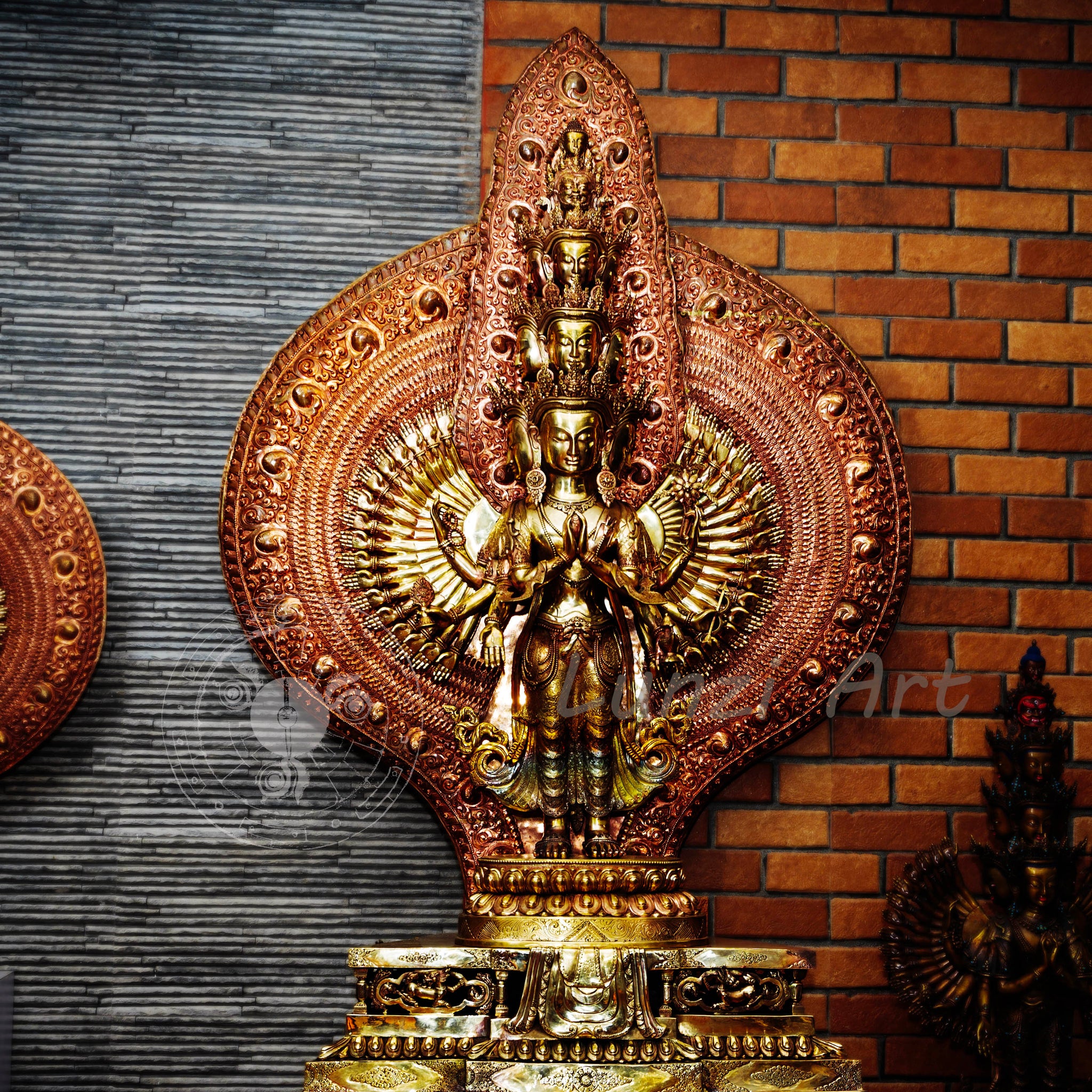 Large refined copper standing statue of the Thousand-Armed, Multi-Faced Avalokiteshwor, meticulously crafted by a nationally certified master - statues