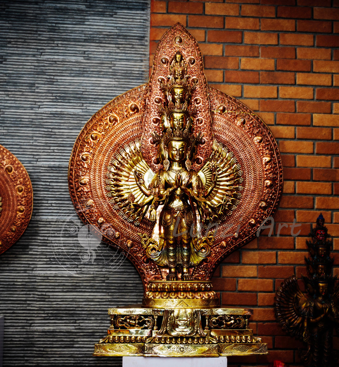 Large refined copper standing statue of the Thousand-Armed, Multi-Faced Avalokiteshwor, meticulously crafted by a nationally certified master - statues