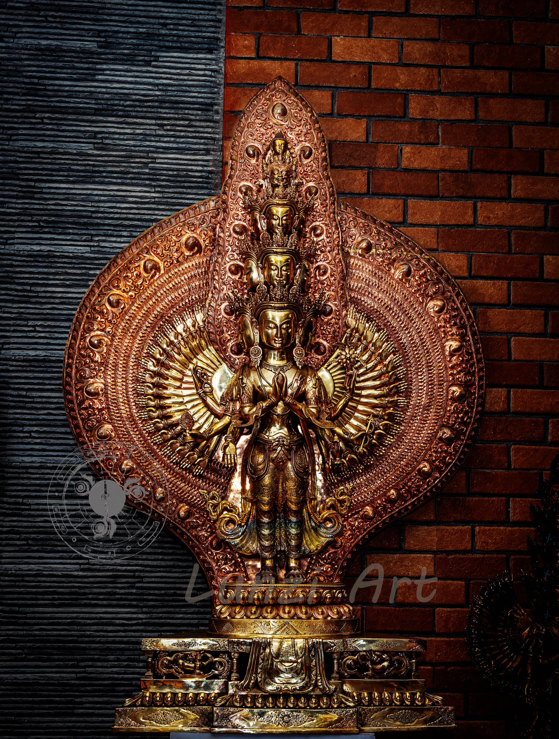 Large refined copper standing statue of the Thousand-Armed, Multi-Faced Avalokiteshwor, meticulously crafted by a nationally certified master - statues