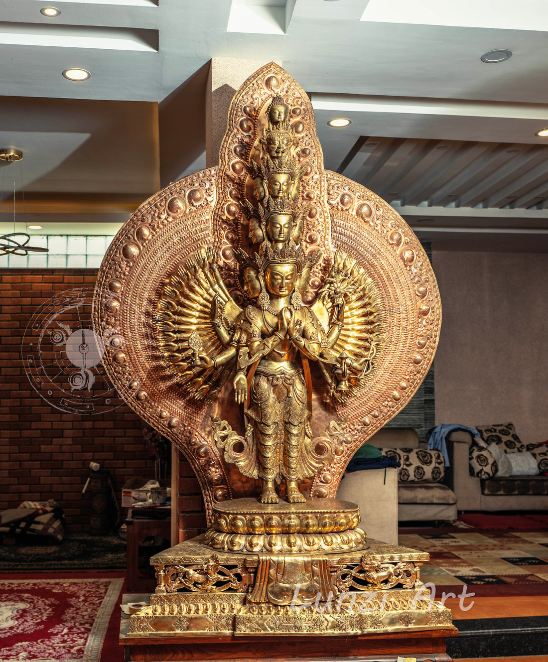 Large refined copper standing statue of the Thousand-Armed, Multi-Faced Avalokiteshwor, meticulously crafted by a nationally certified master - statues