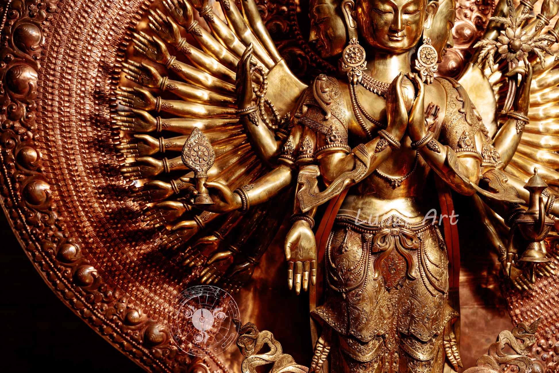 Large refined copper standing statue of the Thousand-Armed, Multi-Faced Avalokiteshwor, meticulously crafted by a nationally certified master - statues