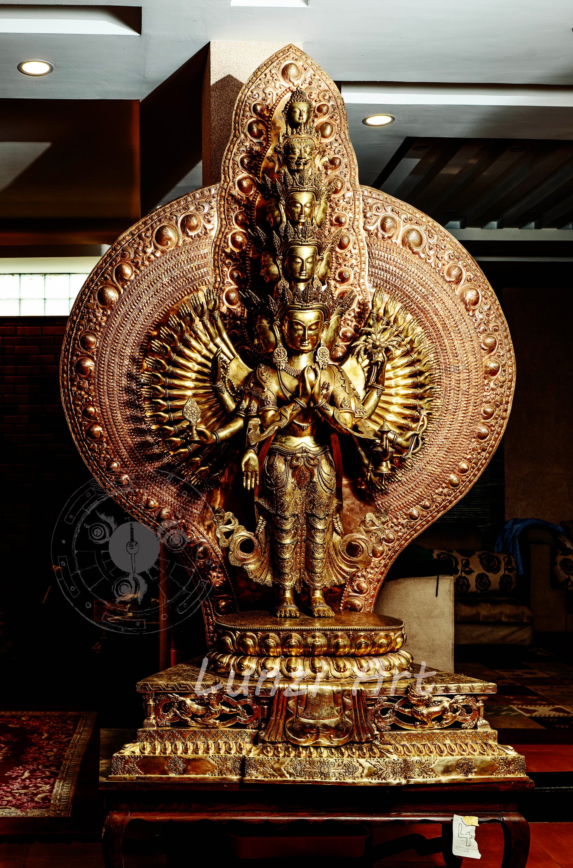 Large refined copper standing statue of the Thousand-Armed, Multi-Faced Avalokiteshwor, meticulously crafted by a nationally certified master - statues