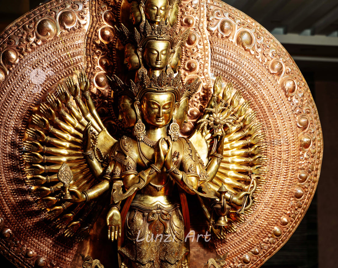 Large refined copper standing statue of the Thousand-Armed, Multi-Faced Avalokiteshwor, meticulously crafted by a nationally certified master - statues