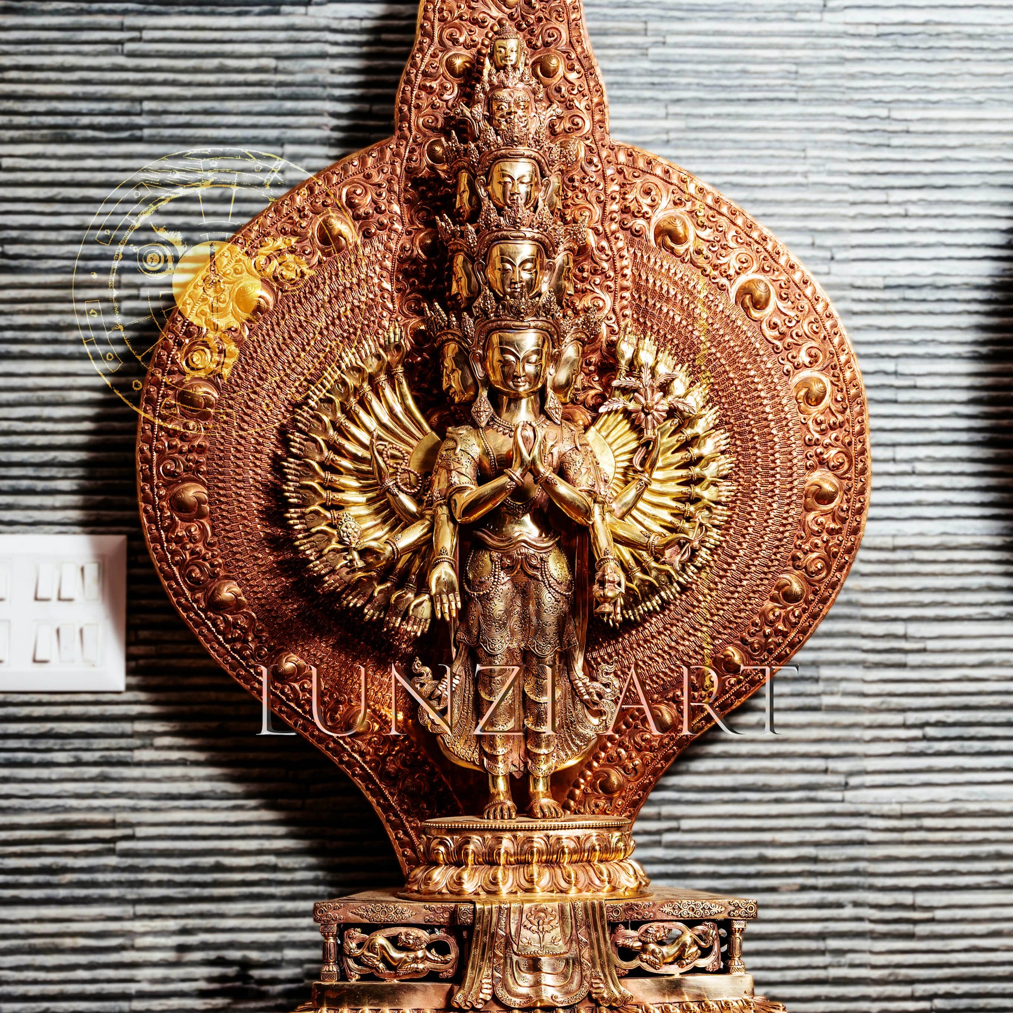 Large refined copper standing statue of the Thousand-Armed, Multi-Faced  Avalokiteshwor, meticulously crafted by a nationally certified master - statues