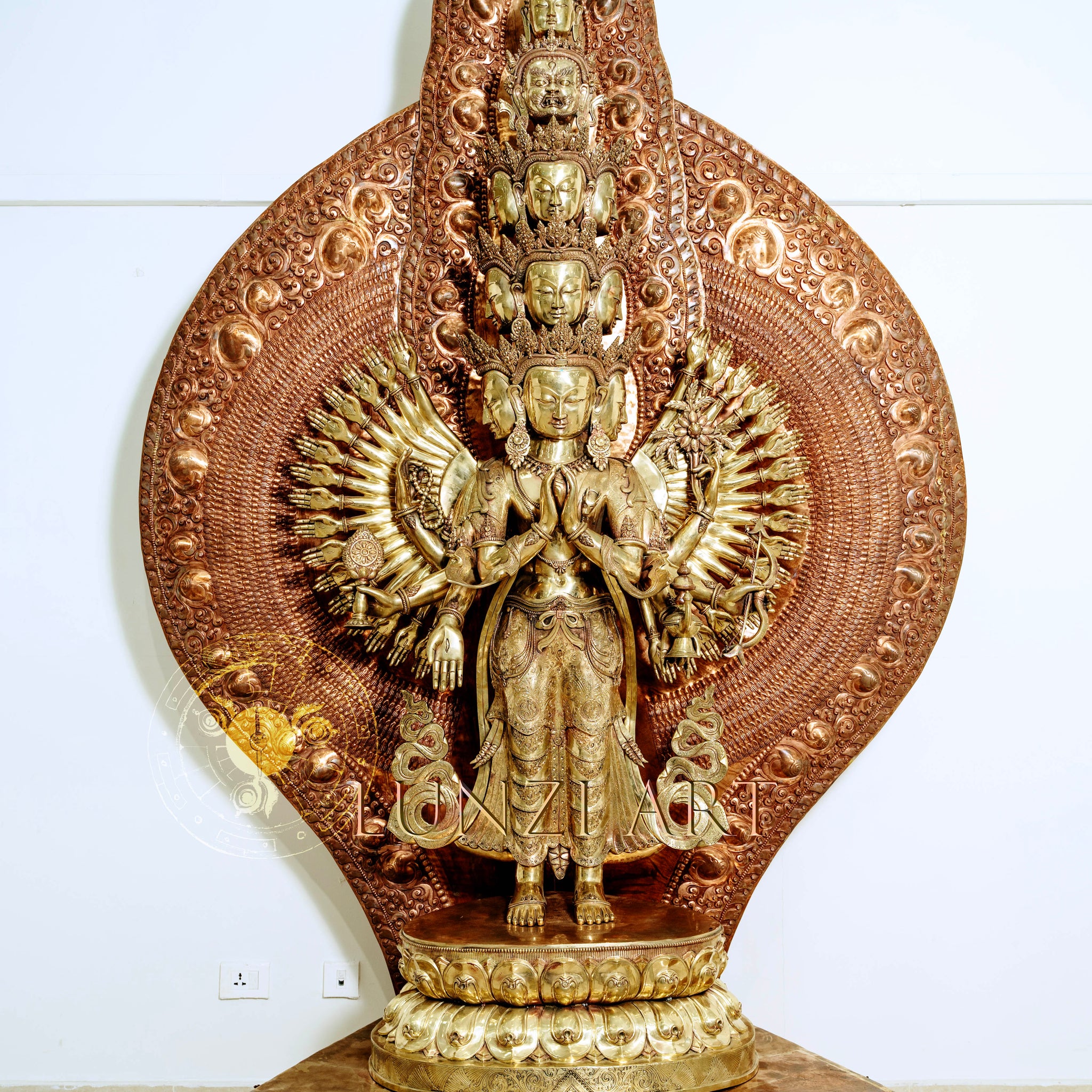 Large refined copper standing statue of the Thousand-Armed,Multi-Faced Avalokiteshwor, meticulously crafted by a nationally certified master - statues