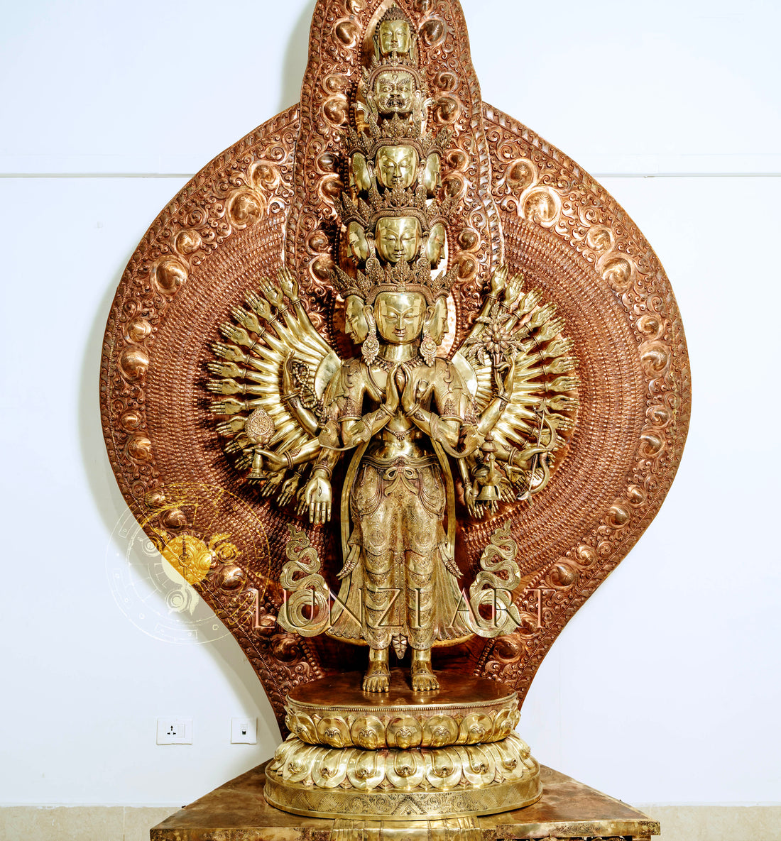 Large refined copper standing statue of the Thousand-Armed,Multi-Faced Avalokiteshwor, meticulously crafted by a nationally certified master - statues