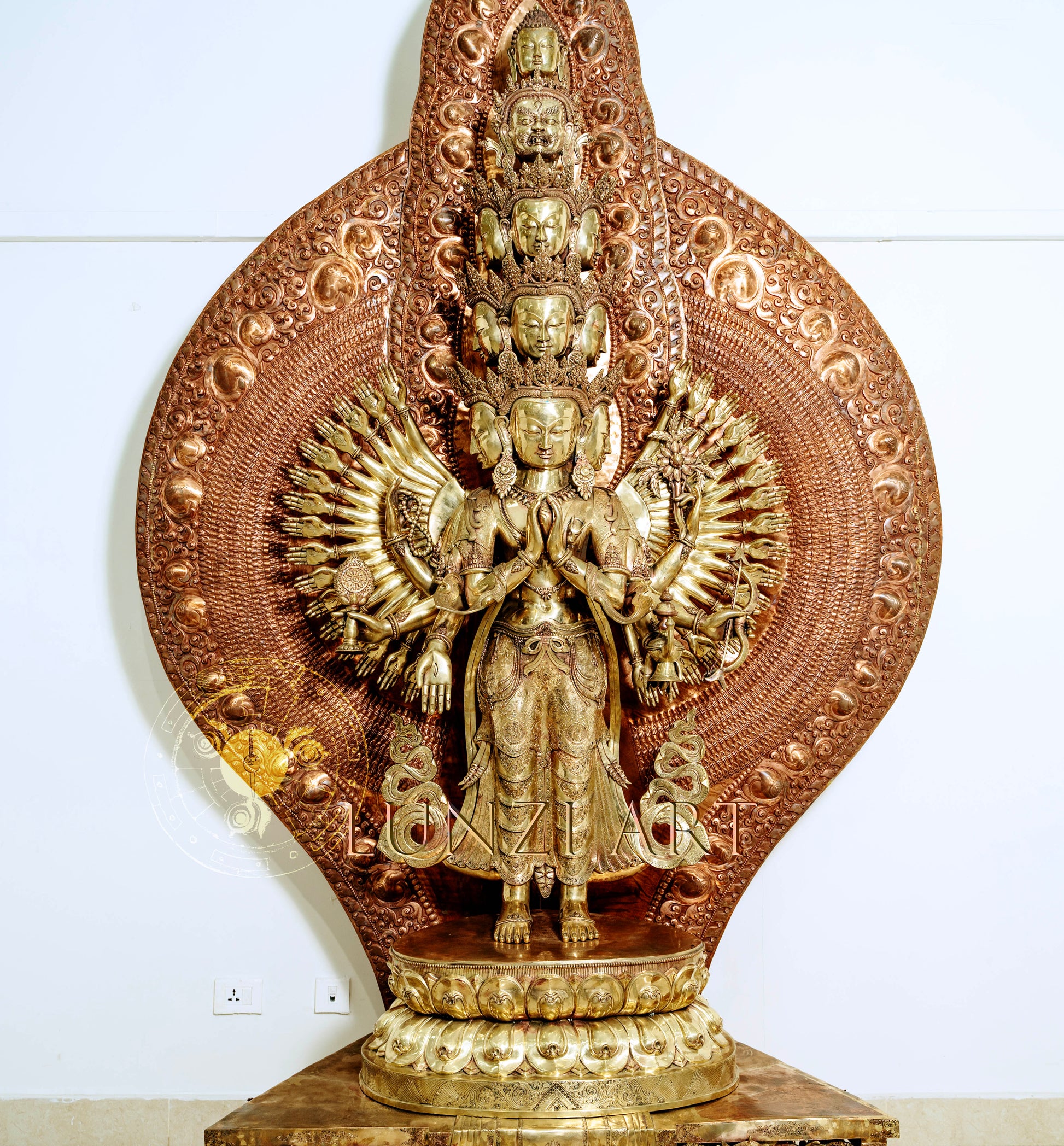 Large refined copper standing statue of the Thousand-Armed,Multi-Faced Avalokiteshwor, meticulously crafted by a nationally certified master - statues