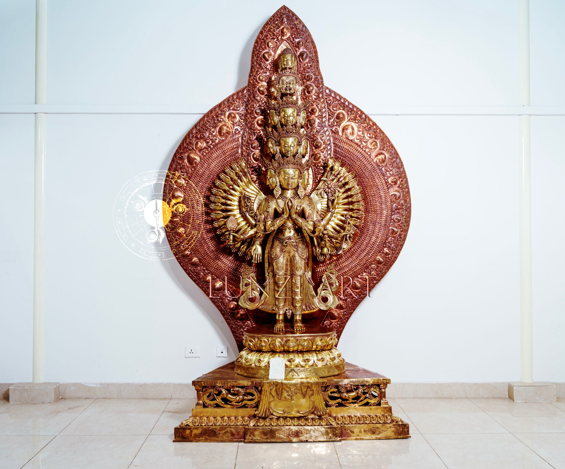 Large refined copper standing statue of the Thousand-Armed,Multi-Faced Avalokiteshwor, meticulously crafted by a nationally certified master - statues
