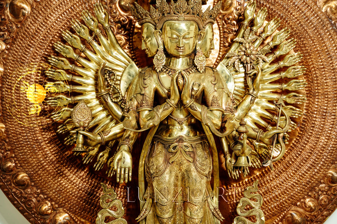 Large refined copper standing statue of the Thousand-Armed,Multi-Faced Avalokiteshwor, meticulously crafted by a nationally certified master - statues