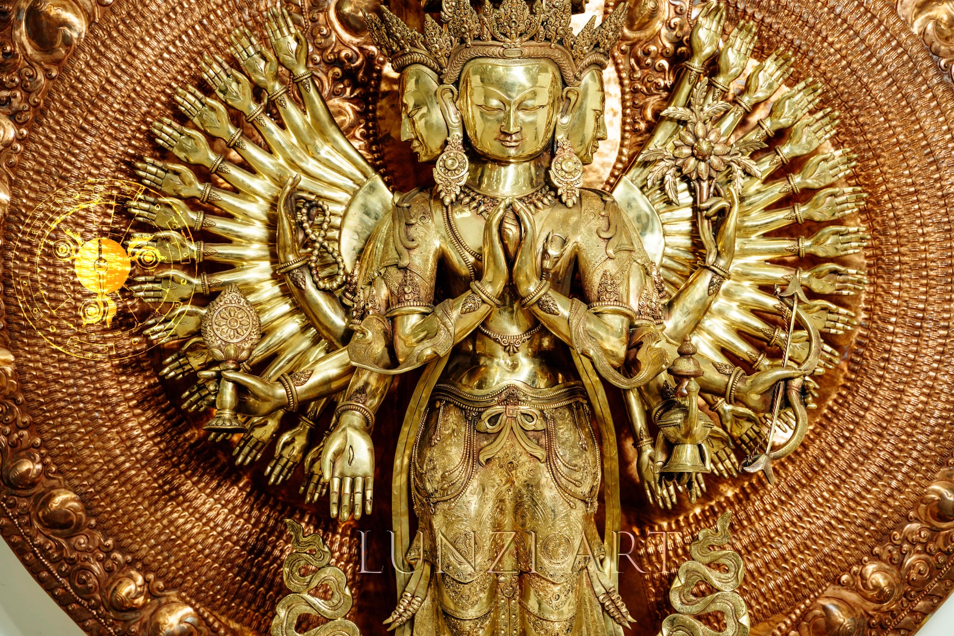 Large refined copper standing statue of the Thousand-Armed,Multi-Faced Avalokiteshwor, meticulously crafted by a nationally certified master - statues