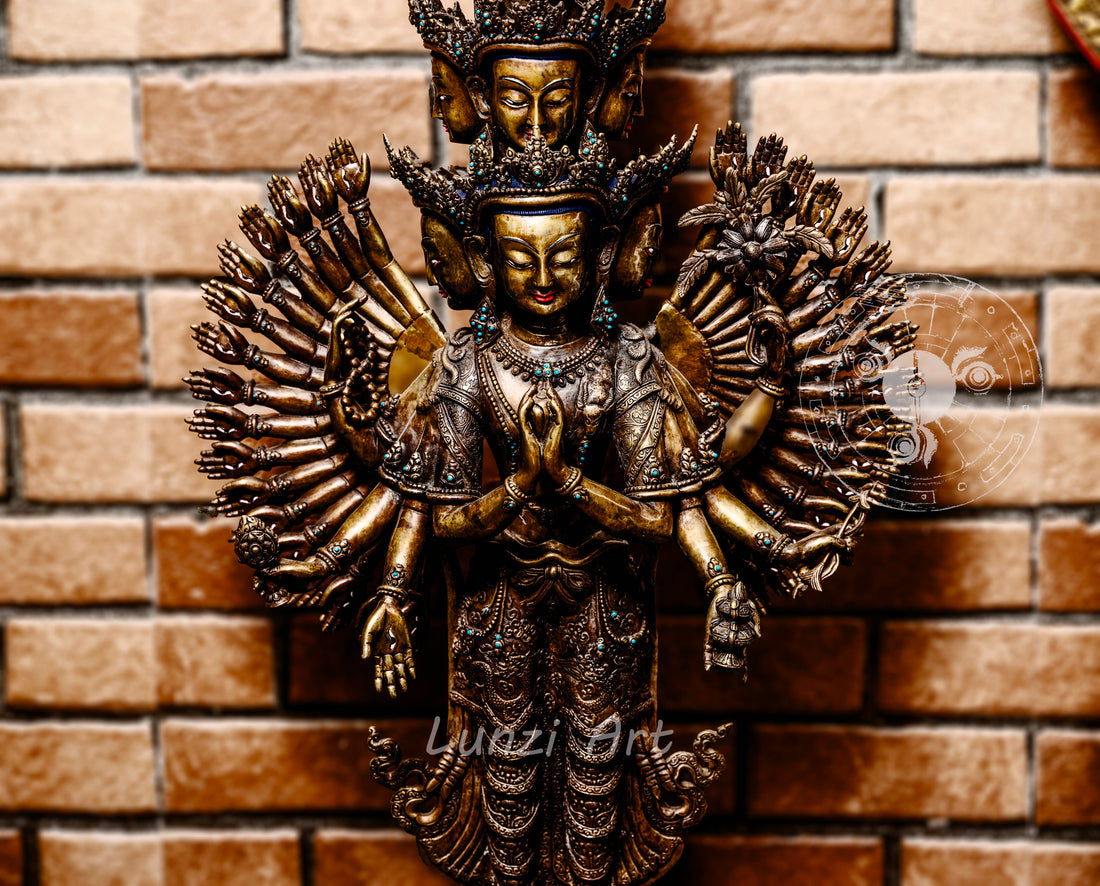 Multi-Faced Avalokiteshvara Standing Statue in refined oxidized copper — A Grand Creation by a Nationally Certified Master Artisan - statues