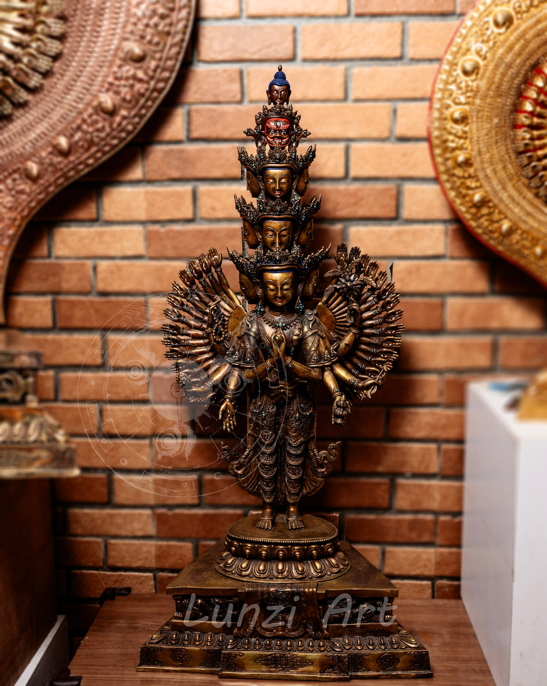 Multi-Faced Avalokiteshvara Standing Statue in refined oxidized copper — A Grand Creation by a Nationally Certified Master Artisan - statues