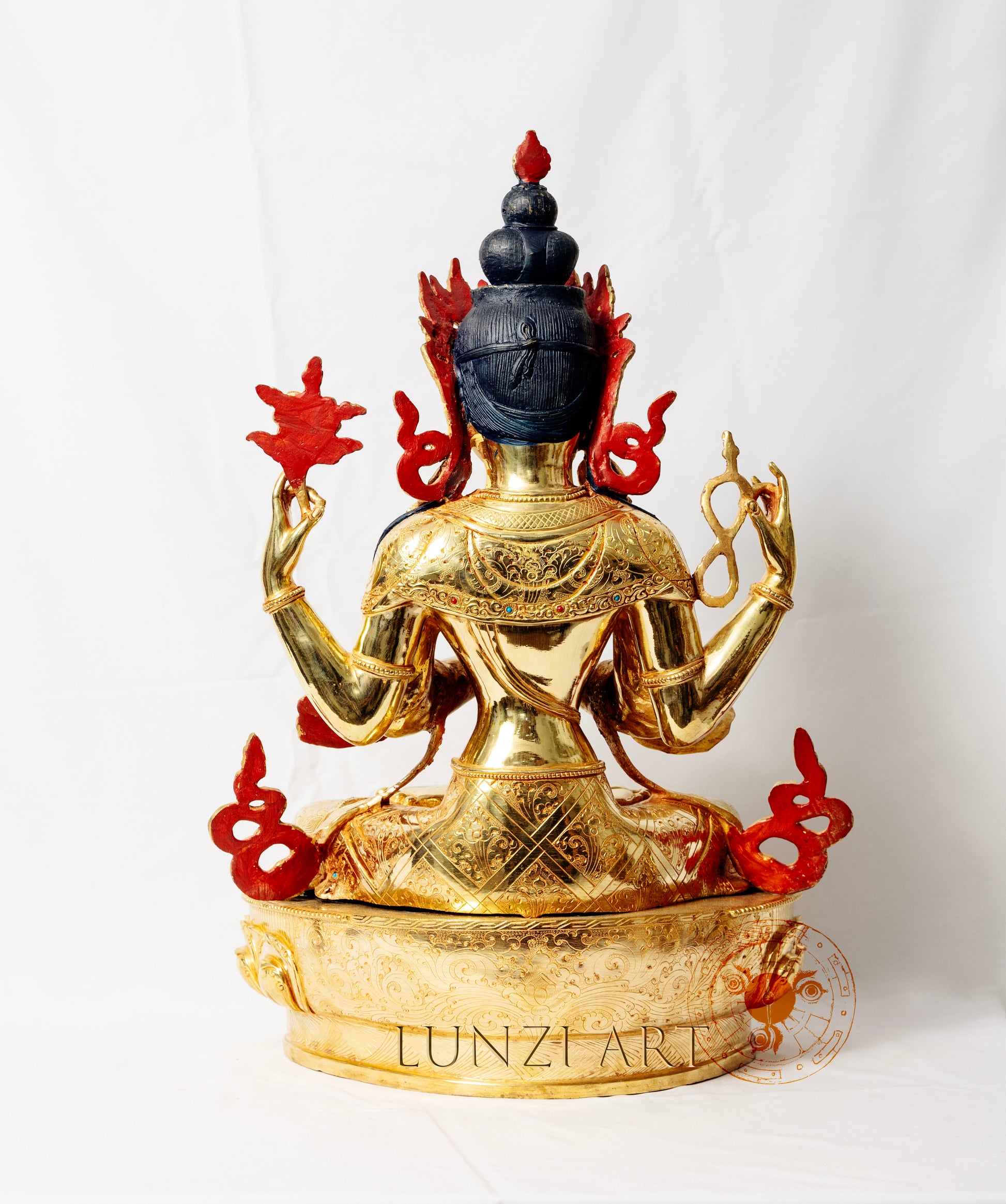 Pure copper and fully gilded "Four-armed Seated Avalokitesvara" - statues