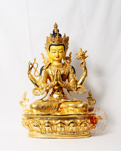 Pure copper and fully gilded "Four-armed Seated Avalokitesvara" - statues