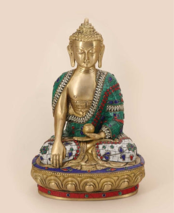 Mosaic Work Earth Touching Pose Shakyamuni Buddha Brass Statue