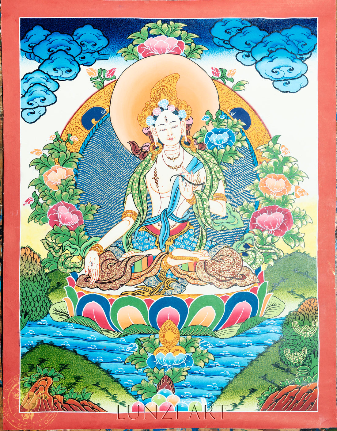 White Tara hand-painted thangka "Radiant Guardian of Healing and Longevity" - Thangka