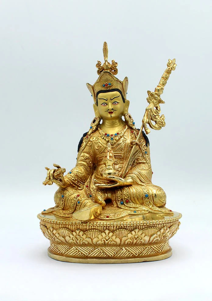 Gold-Plated Guru Padmasambhava Statue Embellished with Coral and Turquoise