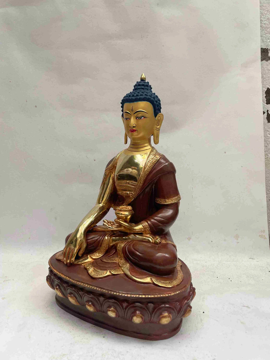 13 inch, Buddhist Handmade Statue Of Shakyamuni Buddha, Partly Gold Plated, Face Painted